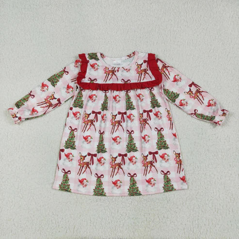 7.24 GLD1092 Baby Girls Plaid Long Ruffle Sleeves Santa Trees Knee Length Dress