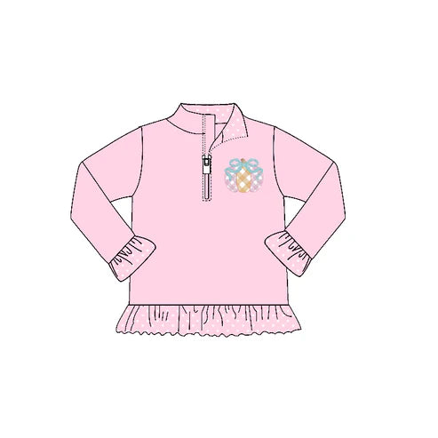 7.11 GT1112 Baby Girls Khaki Pink Long Ruffle Sleeves Pumpkins Zipper Pullover Top Preorder