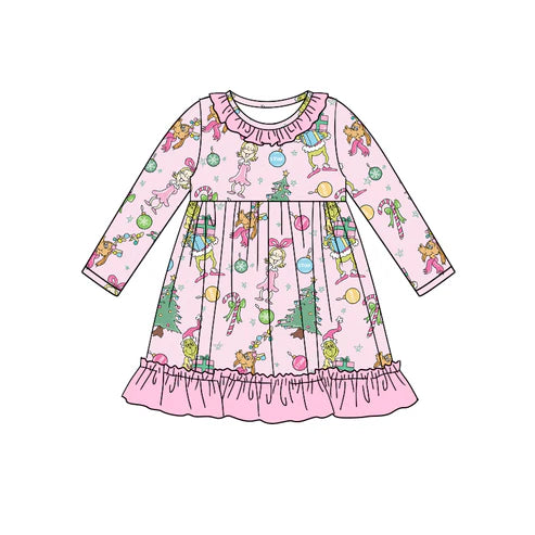 7.16 GLD0909 Baby Girls Pink Christmas Green Frog Knee Length Dresses Preorder