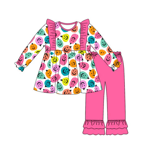 7.11 GLP2569 Baby Girls Long Sleeves Colorful Ghost Pumpkins Top Ruffle Pants Set Preorder