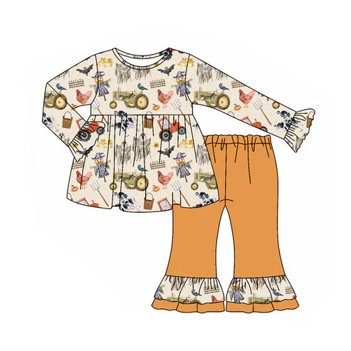 7.14 GLP2585 Baby Girls Long Ruffle Sleeves Trucks Chicks Farm Tunic Flare Pant Set Preorder