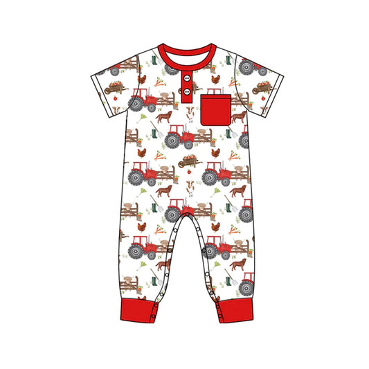 7.22 SR2047 Baby Infant Boys Farm Trucks Pocket Short Sleeve Rompers preorder
