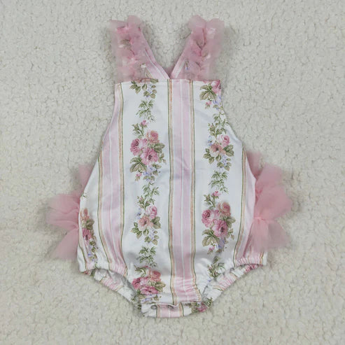 7.15 SR2964 Baby Infant Girls Pink Tulle Strap Floral Stripe Ruffle Romper