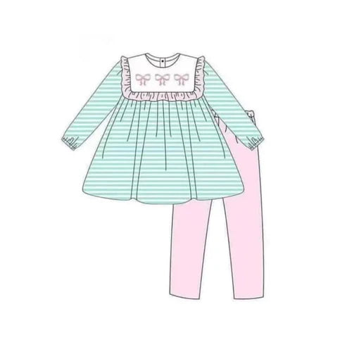 7.19 GLP2135 Baby Girls Blue Stripes Bows Tunic Legging Clothes Sets Preorder