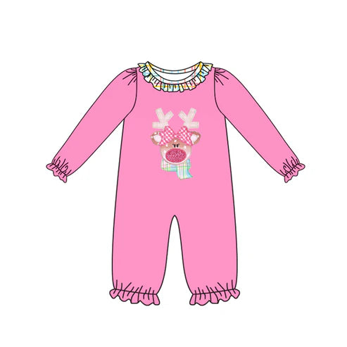 7.15 LR2426 Baby Girls Pink Long Sleeves Christmas Deer Ruffle Pant Rompers Preorder