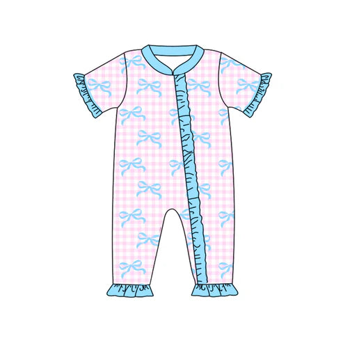 7.21 SR2026 Baby Infant Girls Pink Checkered Bows Ruffle Zip Rompers preorder
