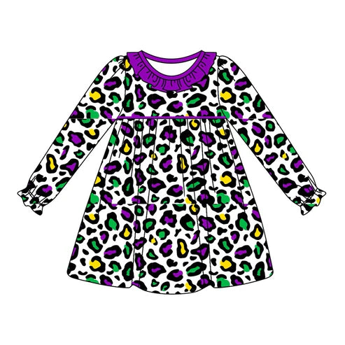 7.18 GLD0949 Baby Girls Leopard Mardi Gras Knee Length Dresses Preorder