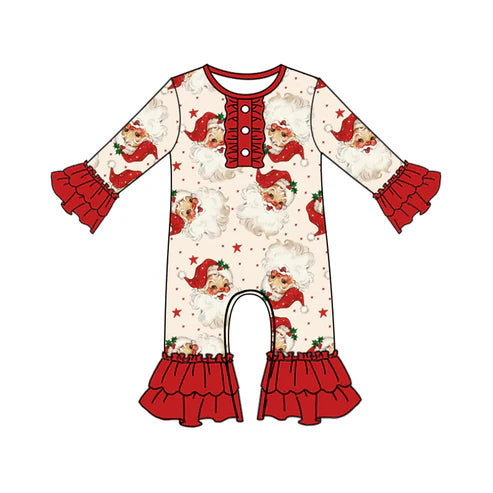 7.12  LR2395 Baby Kids Long Ruffle Sleeves Santa Stars Button Pant Rompers Preorder