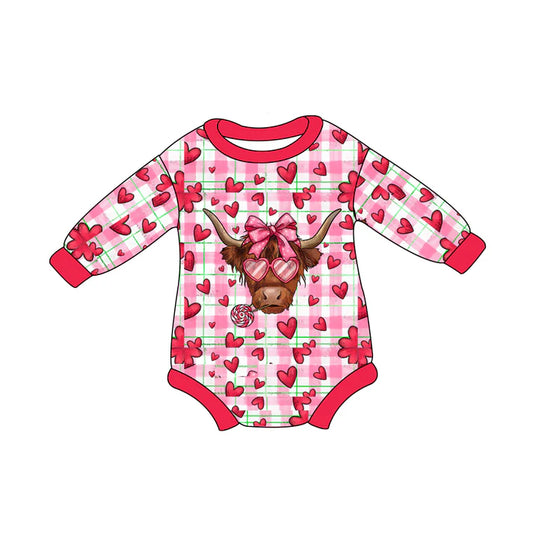 7.23 LR2104 Baby Infant Girls Valentines Highland Cow Hearts Rompers preorder