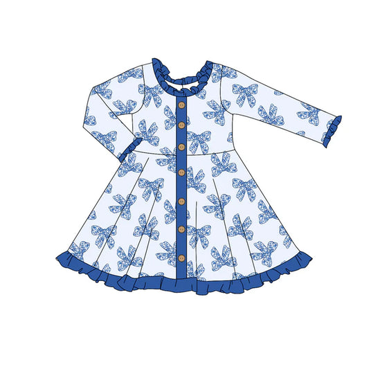 7.21 GLD0961 Baby Girls Blue Bow Long Sleeve Knee Length Dresses Preorder