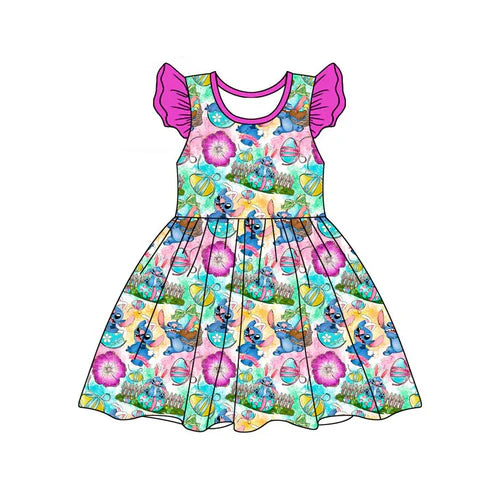 7.10 Custom Moq 3 Baby Girls Flutter Sleeves Cartoon Bunny Flowers Knee Length Dresses