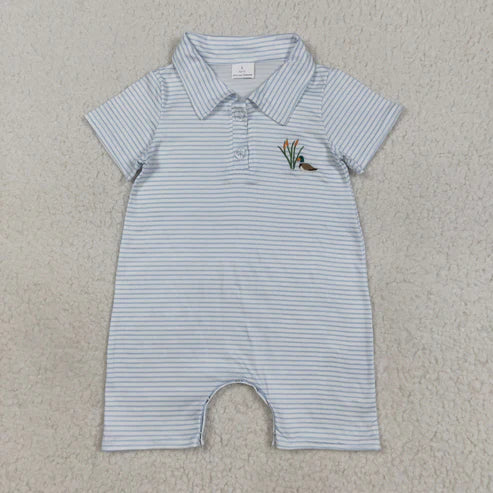7.24 SR3149 Embroidery Baby Boys Blue Stripe Short Sleeves Duck Button Shorts Romper