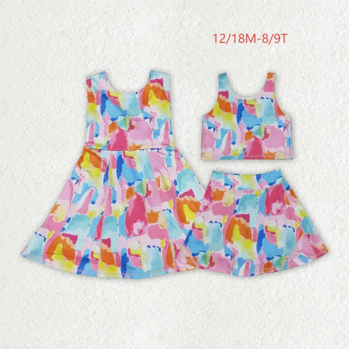 7.10 Sibling Baby Girls Sleeveless Watercolor Yoga Short Athletic Dresses