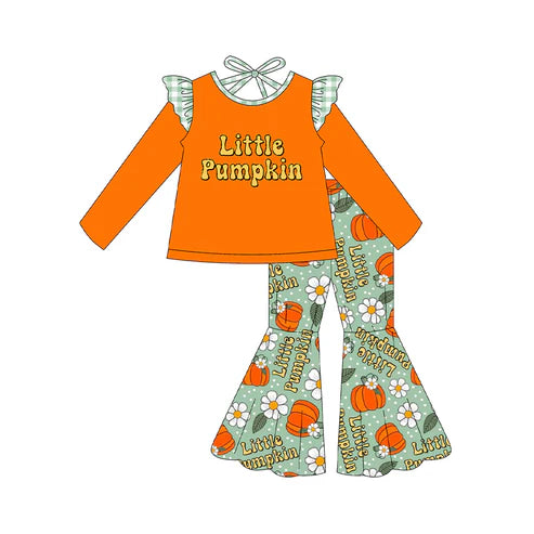 7.14 GLP2584 Baby Girls Long Sleeves Little Pumpkins Tunic Bell Bottom Pant Set Preorder
