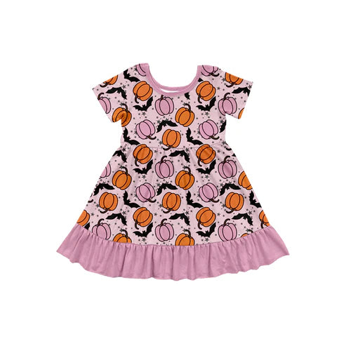 7.15 GSD2757 Baby Girls Short Sleeves Pumpkins Bats Ruffle Knee Length Dresses Preorder
