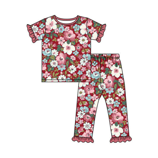 7.23 GSPO1763 Baby Girls Wine Flowers Shirt Pants Pajamas Clothes Sets Preorder