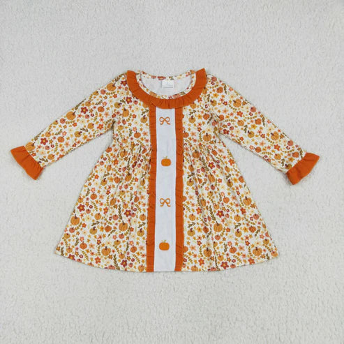 7.24 GLD1058 Baby Girls Long Ruffle Sleeves Bows Pumpkins Flowers Knee Length Dress