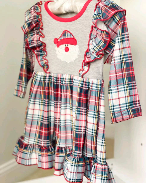 7.18 GLD0943 Baby Girls Christmas Checkered Santa Ruffle Knee Length Dresses Preorder