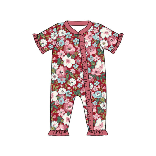 7.23 SR2067 Baby Infant Girls Wine Spring Flowers Zip Rompers preorder
