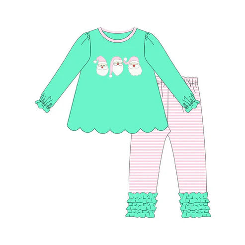 7.11 GLP2575 Baby Girls Green Long Ruffle Sleeves Santa Tunic Stripe Legging Pant Set Preorder