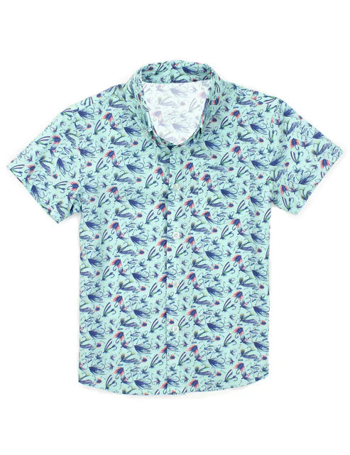 7.14   BT1296 Baby Boys Short Sleeves Blue Flowers Plaid Button Shirts Top Preorder