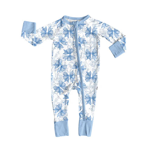 7.11 LR2402 Baby Girls Long Sleeves Blue Bows Flowers Zipper Pant Rompers Preorder