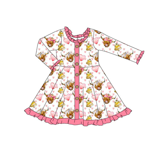 7.22 GLD0964 Baby Girls Valentines Highland Cow Ruffle Knee Length Dresses Preorder
