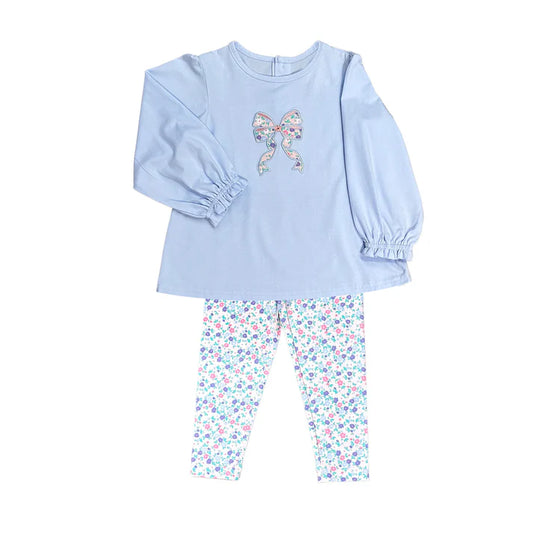 7.21 GLP2148 Baby Girls Blue Bow Tunic Top Small Flowers Legging Clothes Sets Preorder