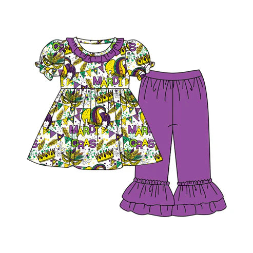 7.19 GSPO1737 Baby Girls Mardi Gras Crown Tunic Top Ruffle Pants Clothes Sets Preorder