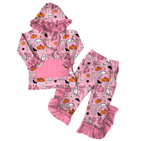 7.11 GLP2571 Baby Girls Long Sleeves Pink Ghost Pumpkins Pockets Hoodie Ruffle Pants Set Preorder