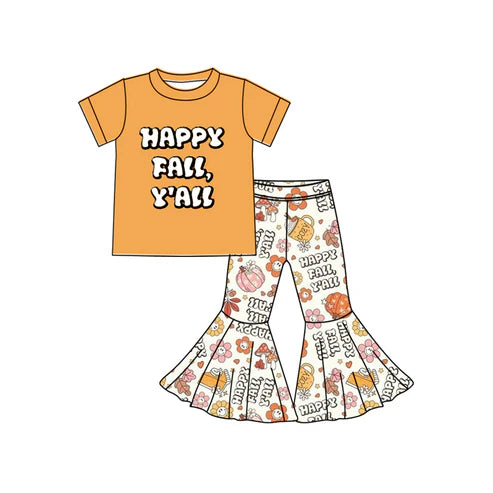 7.11 GSPO2054 Baby Girls Yellow Short Sleeves Happy Fall Pumpkins Top Bell Bottom Pants Set Preorder