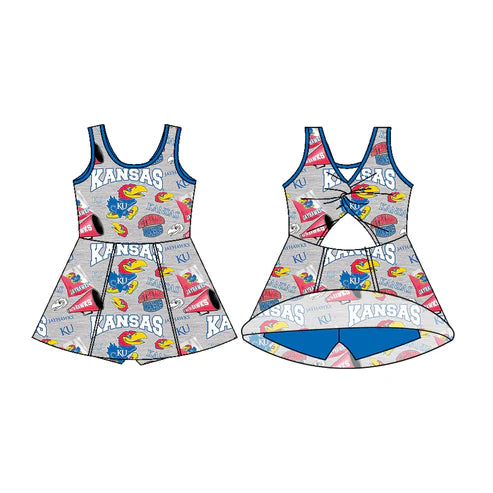 7.10  Custom Moq 3 Baby Girls Sleeveless Kansas Bows Shorts Team Knee Length Dresses