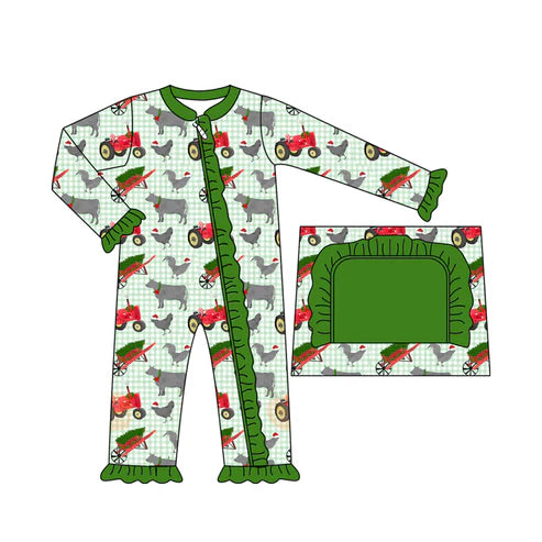 7.11 LR2399 Baby Girls Green Plaid Christmas Hats Farm Ruffle Zipper Pant Rompers Preorder