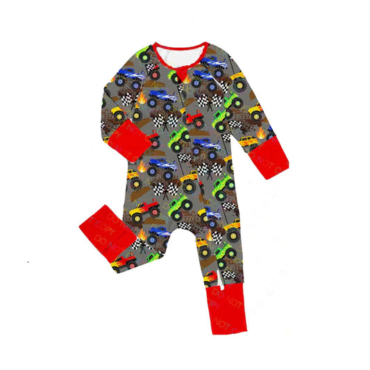 7.21 LR2082 Baby Infant Boys Trucks Red Zip Long Sleeve Rompers preorder