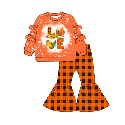 7.14  GLP2550 Baby Girls Long Sleeves Turkey LOVE Tunic Plaid Bell Bottom Pant Set Preorder