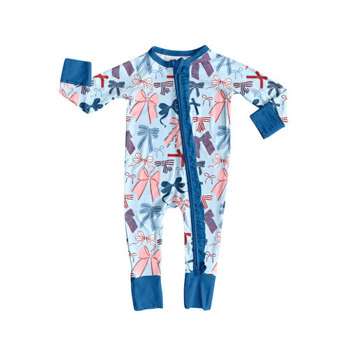 7.12 LR2390 Baby Kids Long Sleeves Bows Plaid Zipper Rompers Preorder