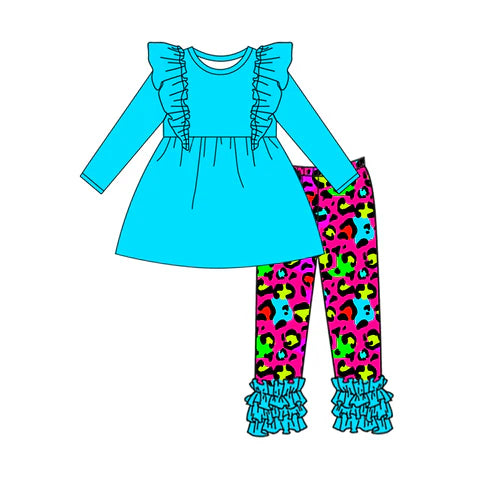 7.21 GLP2138 Baby Girls Blue Tunic Leopard Icing Ruffle Legging Clothes Sets Preorder