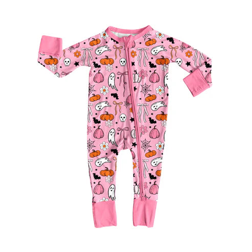 7.11 LR2405 Baby Girls Long Sleeves Pink Ghost Pumpkins Zipper Pant Rompers Preorder