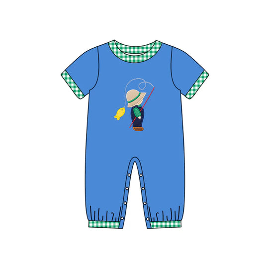 7.23 SR2061 Baby Infant Boys Blue Fishing Short Sleeve Rompers preorder