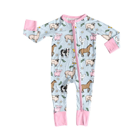 7.11 LR2401 Baby Girls Long Sleeves Horses Chicks Farm Zipper Pant Rompers Preorder