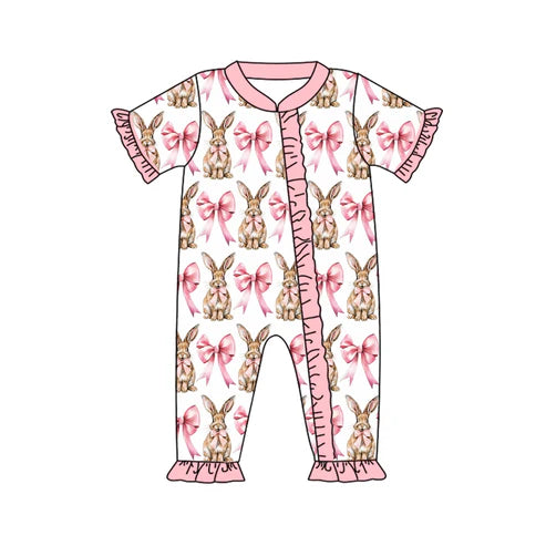 7.19 SR2020 Baby Infant Girls Easter Bunny Pink Bows Zip Rompers preorder