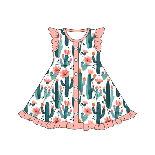 7.23 GSD1471 Baby Girls Western Cactus Flowers Ruffle Knee Length Dresses Preorder