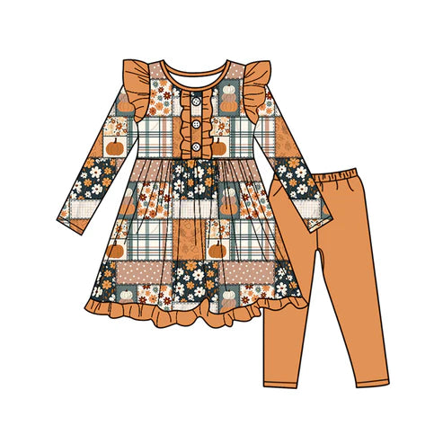 7.12 GLP2552 GLP2553 Baby Girls Long Sleeves Pumpkins Flowers Button Tunic Legging Pant Set Preorder
