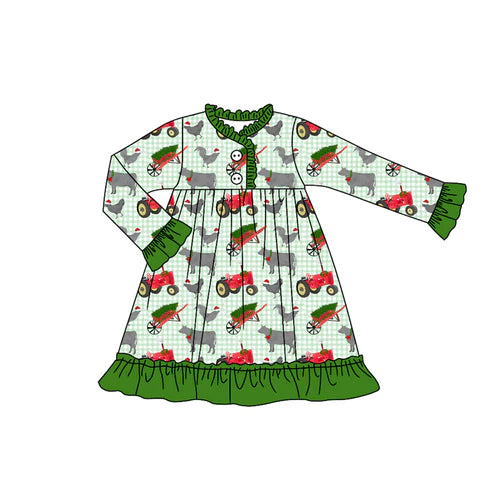 7.11 GLD1182 Baby Girls Green Plaid Christmas Hats Farm Button Knee Length Dresses Preorder