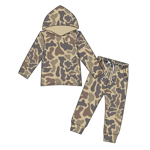 7.18 BLP1005 Baby Boys Brown Camo Hooded Top Pants Outfits Clothes Sets Preorder