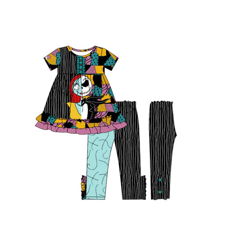 7.14 GSPO2056 Baby Girls Short Sleeves Button Cartoon Ghost Tunic Stripes Legging Pants Set Preorder