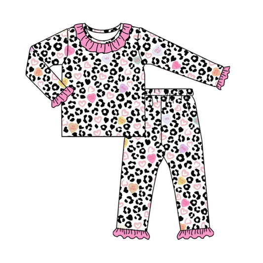7.22 GLP2169 Baby Girls Pink Leopard Valentines Shirt Pants Pajamas Clothes Sets Preorder