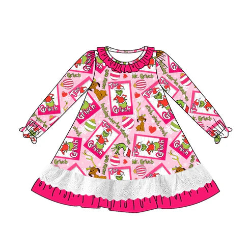 7.16 GLD0932 Baby Girls Christmas Frog Pink Ruffle Dresses Preorder