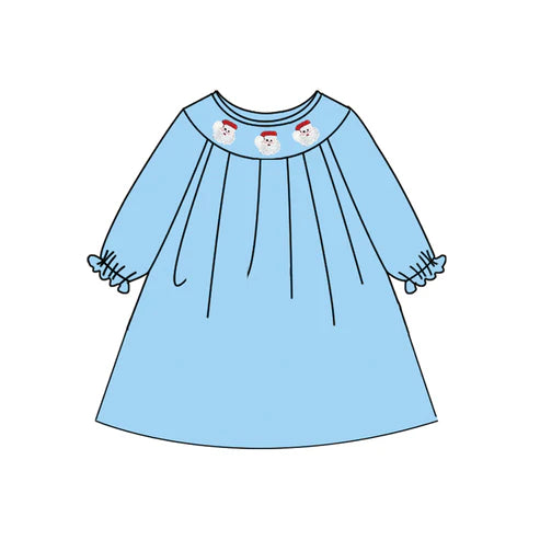 7.14 GLD1178 Baby Girls Blue Long Ruffle Sleeves Smocked Santa Knee Length Dresses Preorder