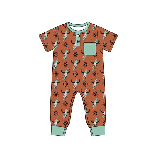 7.22 SR2044 Baby Infant Boys Western Cows Pocket Short Sleeve Rompers preorder